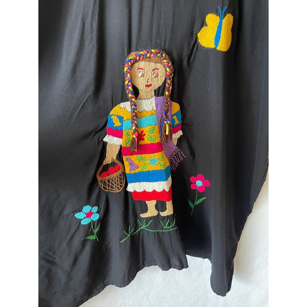 Handmade Mexican Folk Art Embroidered Blouse Black Boho Huipil Tunic Top - Picture 3 of 5